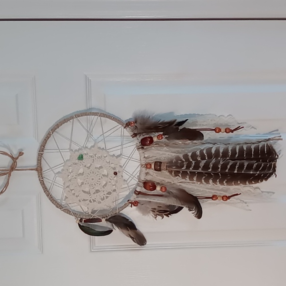 Handmade Dream Catcher Vintage Doily/Lace Wild Turkey/Rooster Feathers Wood/Bone